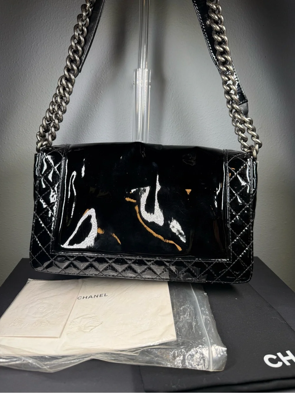 CHANEL Black Patent Leather Quilted Chain Boy Shoulder Bag with Silver Hardware